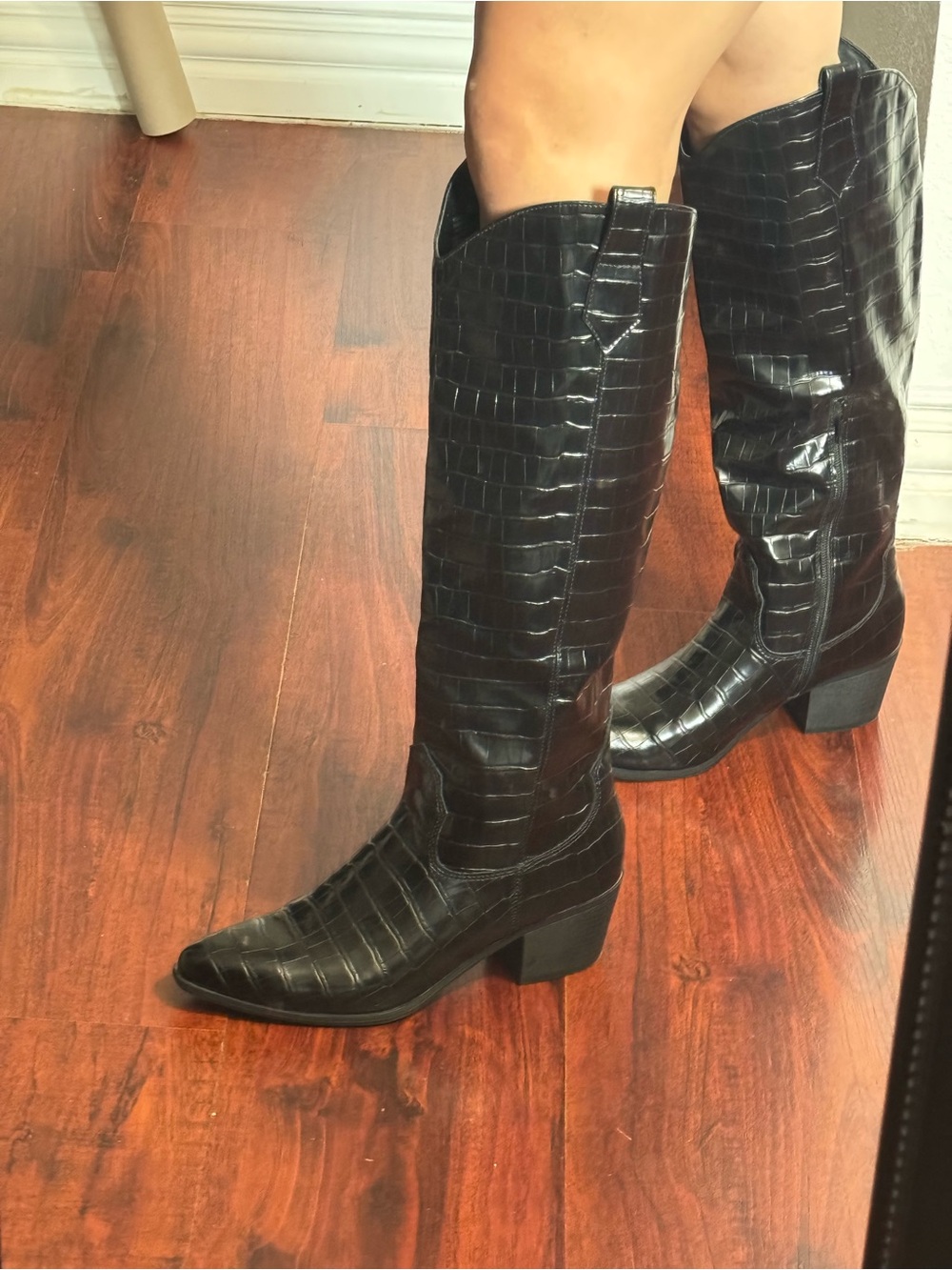 Sun + Stone Black Croc-Embossed Over-The-Knee Boots